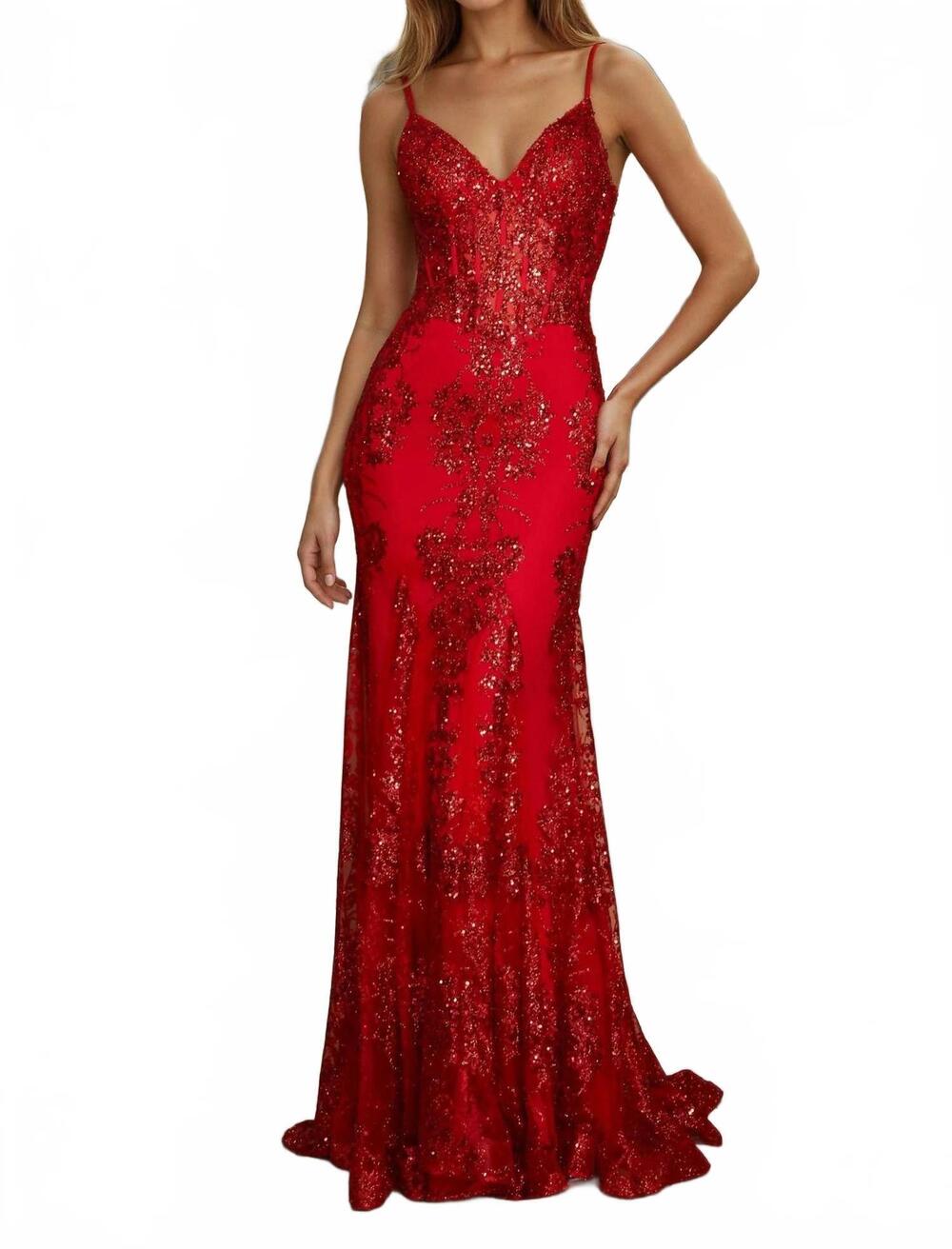 NEW KOS fitted corset long formal prom dress in red